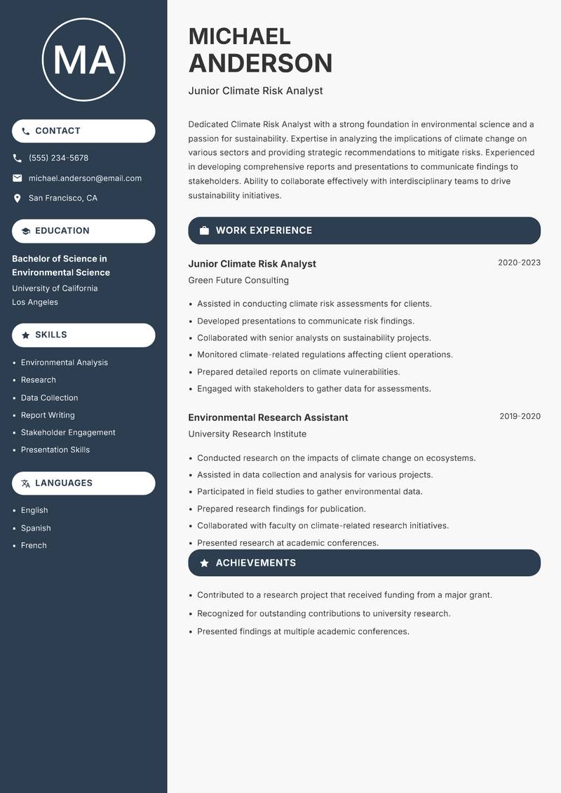Climate Risk Analyst Resume Preview Example