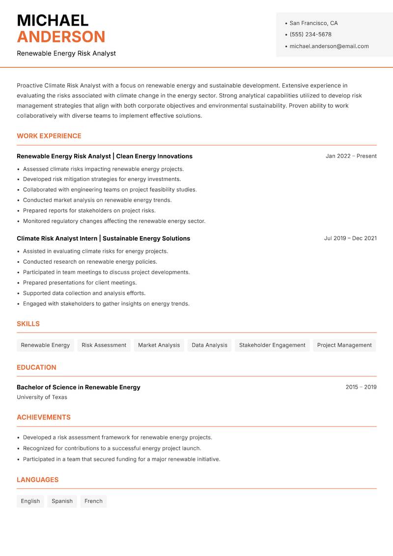 Climate Risk Analyst Resume Template