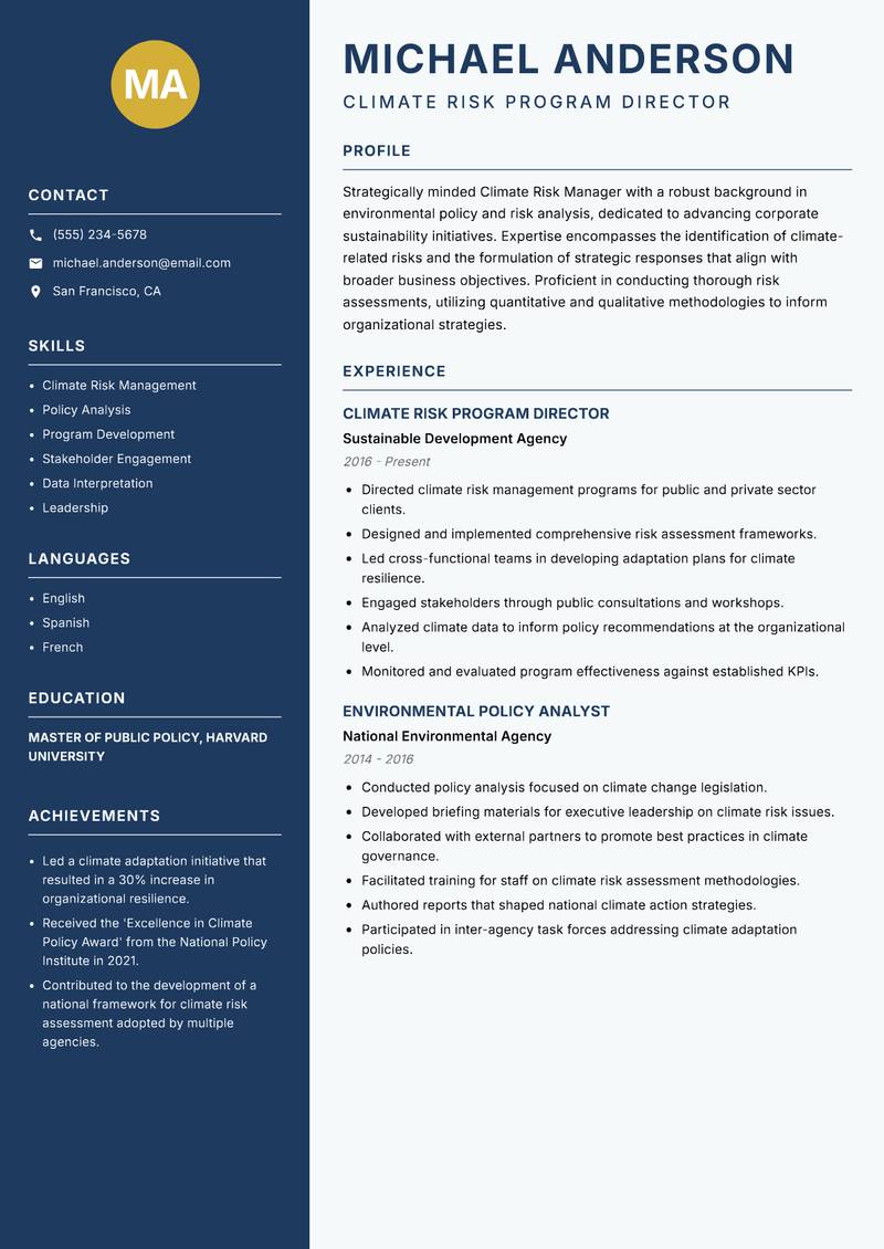 Climate Risk Manager Resume Preview Example