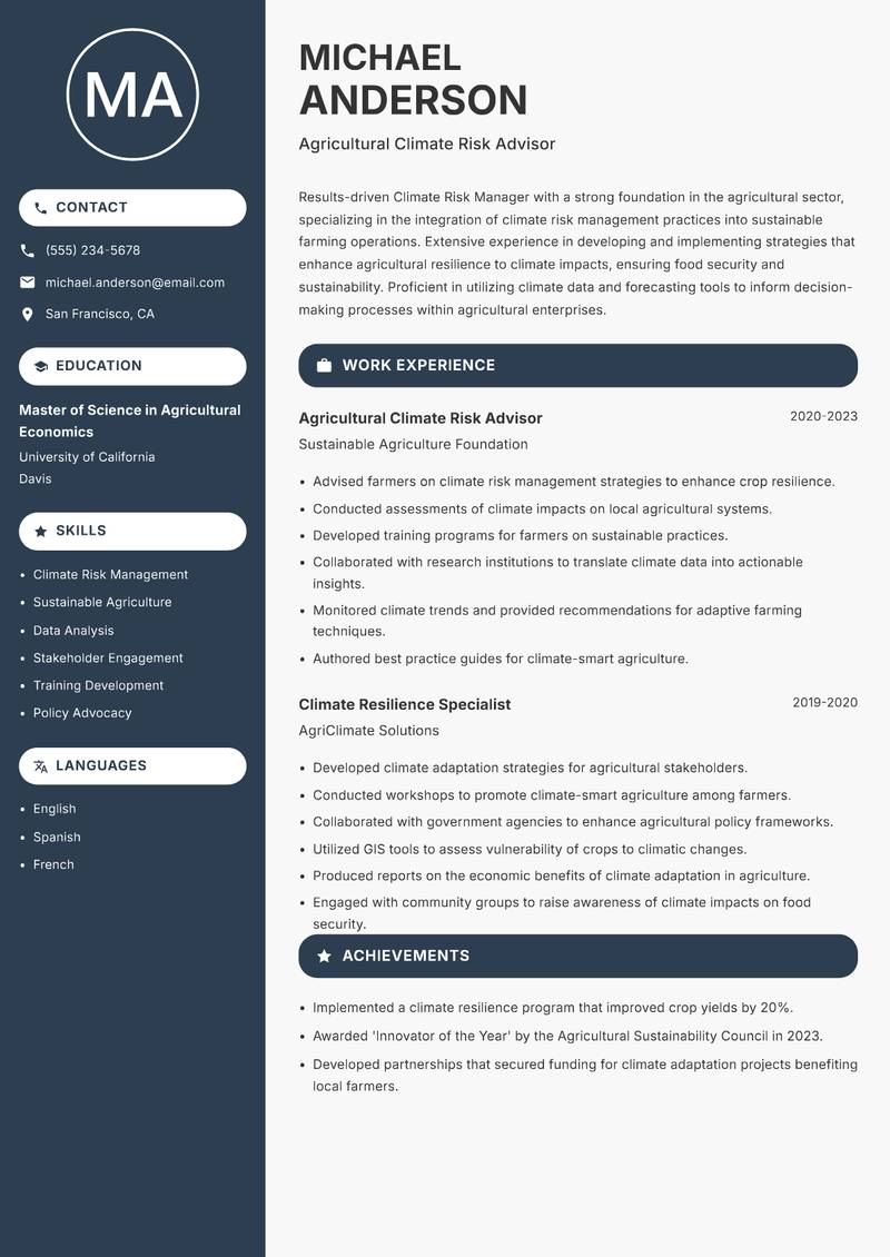 Climate Risk Manager Resume Preview Example