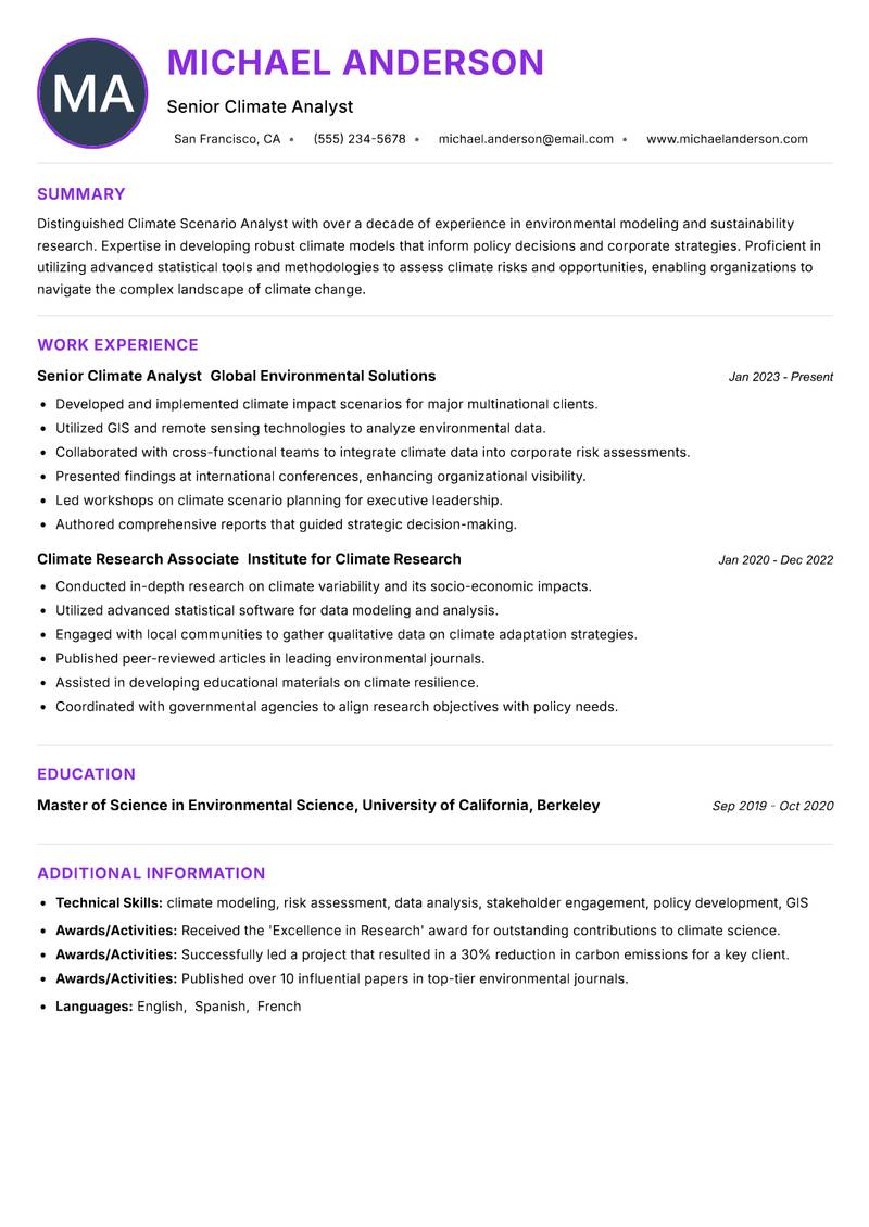 Climate Scenario Analyst Resume Preview Example
