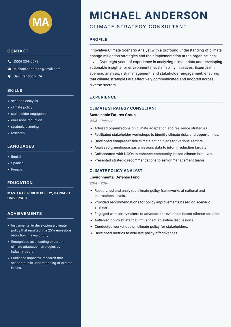 Climate Scenario Analyst Resume Preview Example