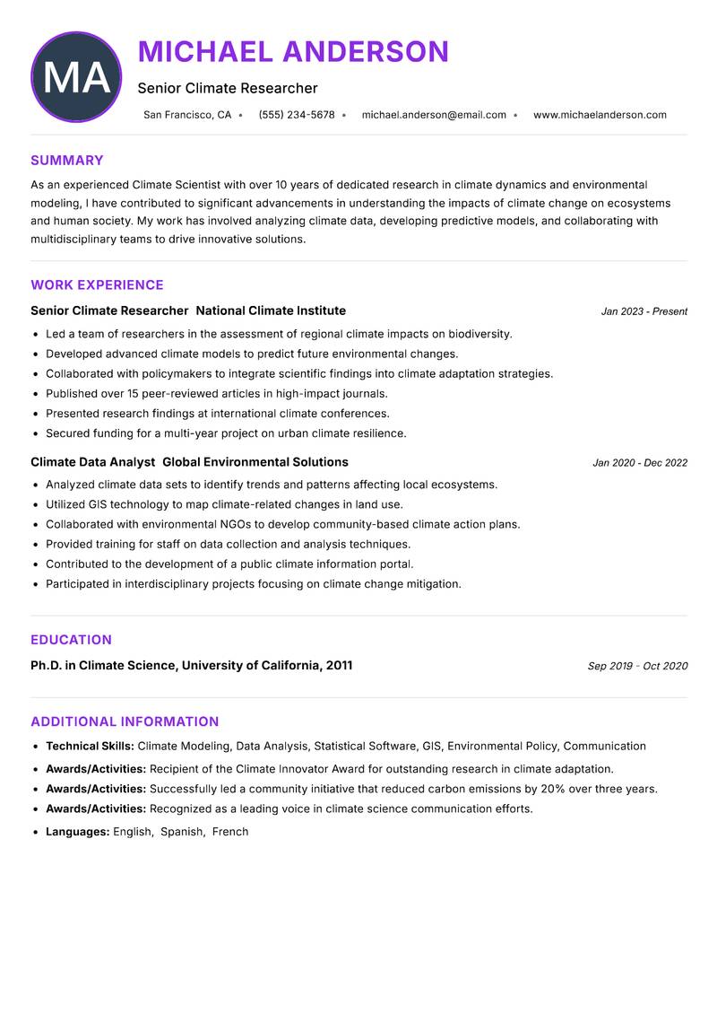 Climate Scientist Resume Preview Example
