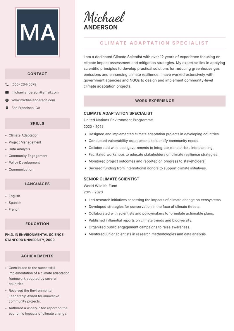 Climate Scientist Resume Preview Example