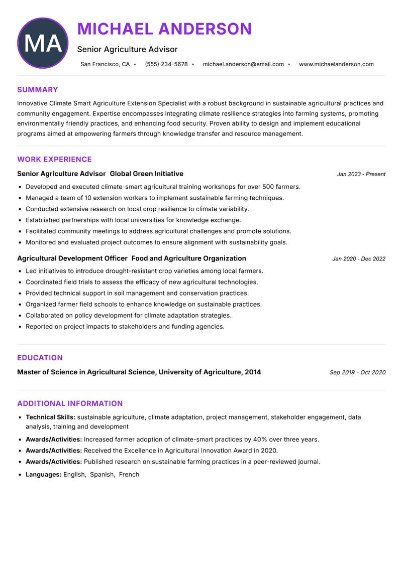 Climate Smart Agriculture Extension Specialist Resume Preview Example
