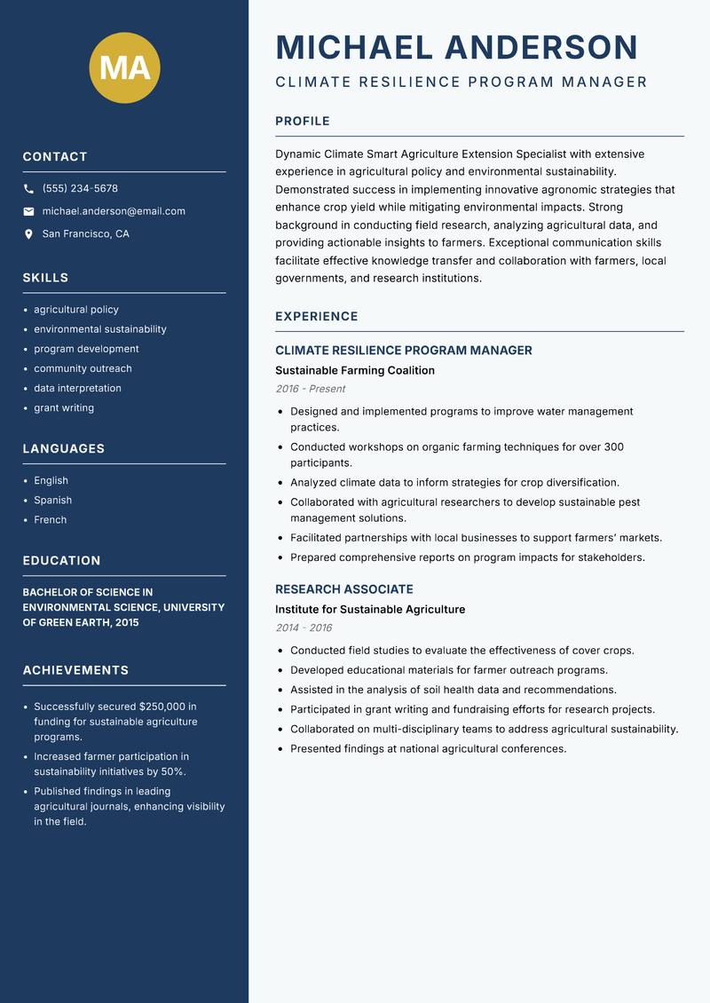 Climate Smart Agriculture Extension Specialist Resume Preview Example