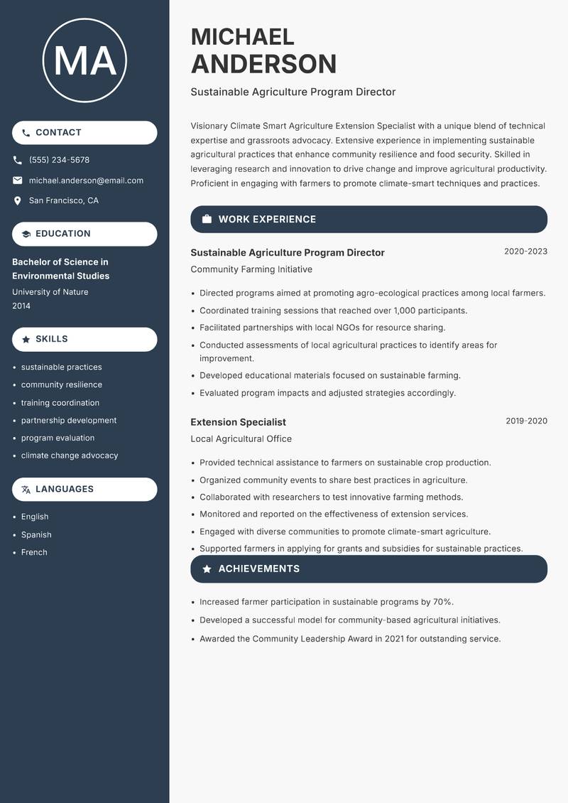 Climate Smart Agriculture Extension Specialist Resume Preview Example