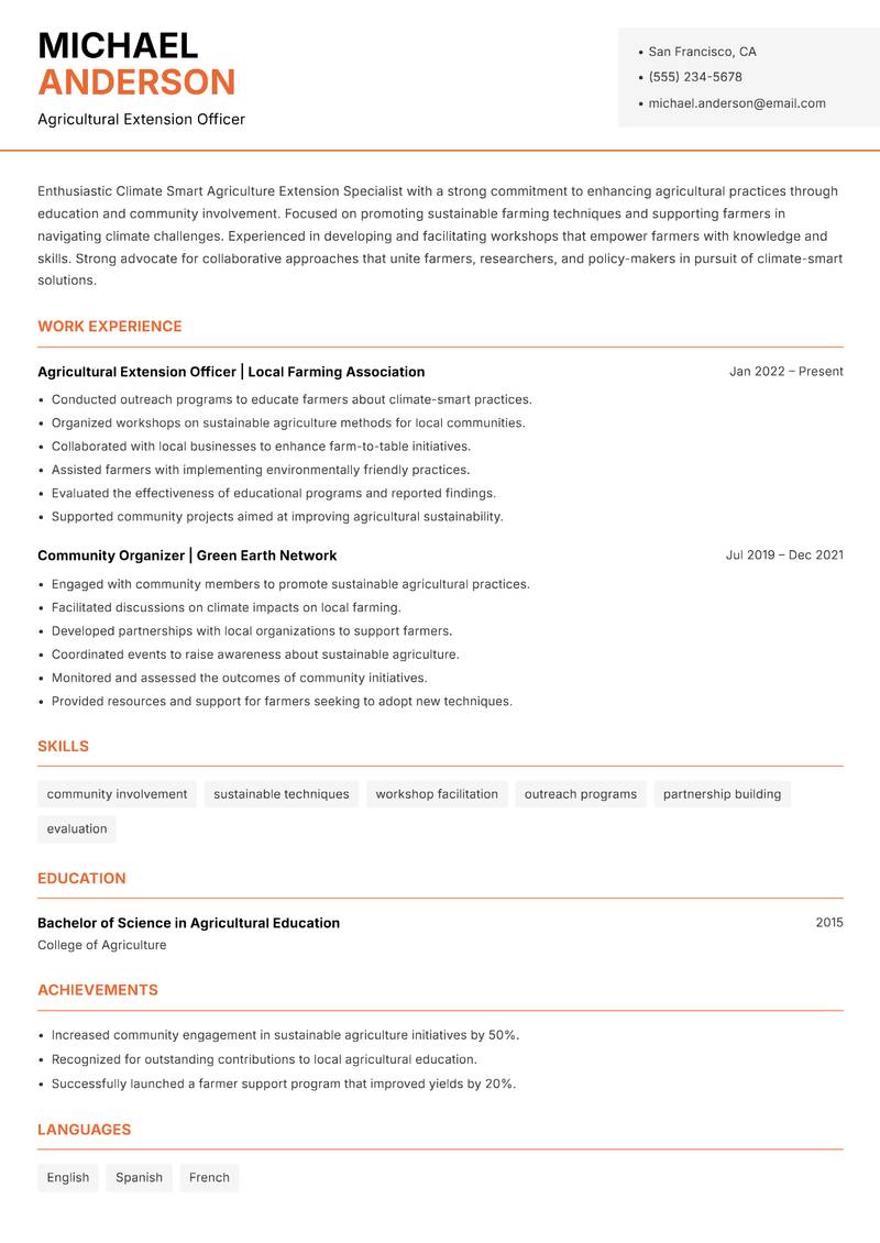 Climate Smart Agriculture Extension Specialist Resume Template