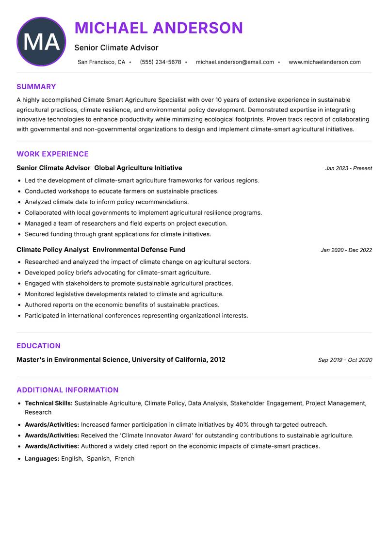 Climate Smart Agriculture Specialist Resume Preview Example