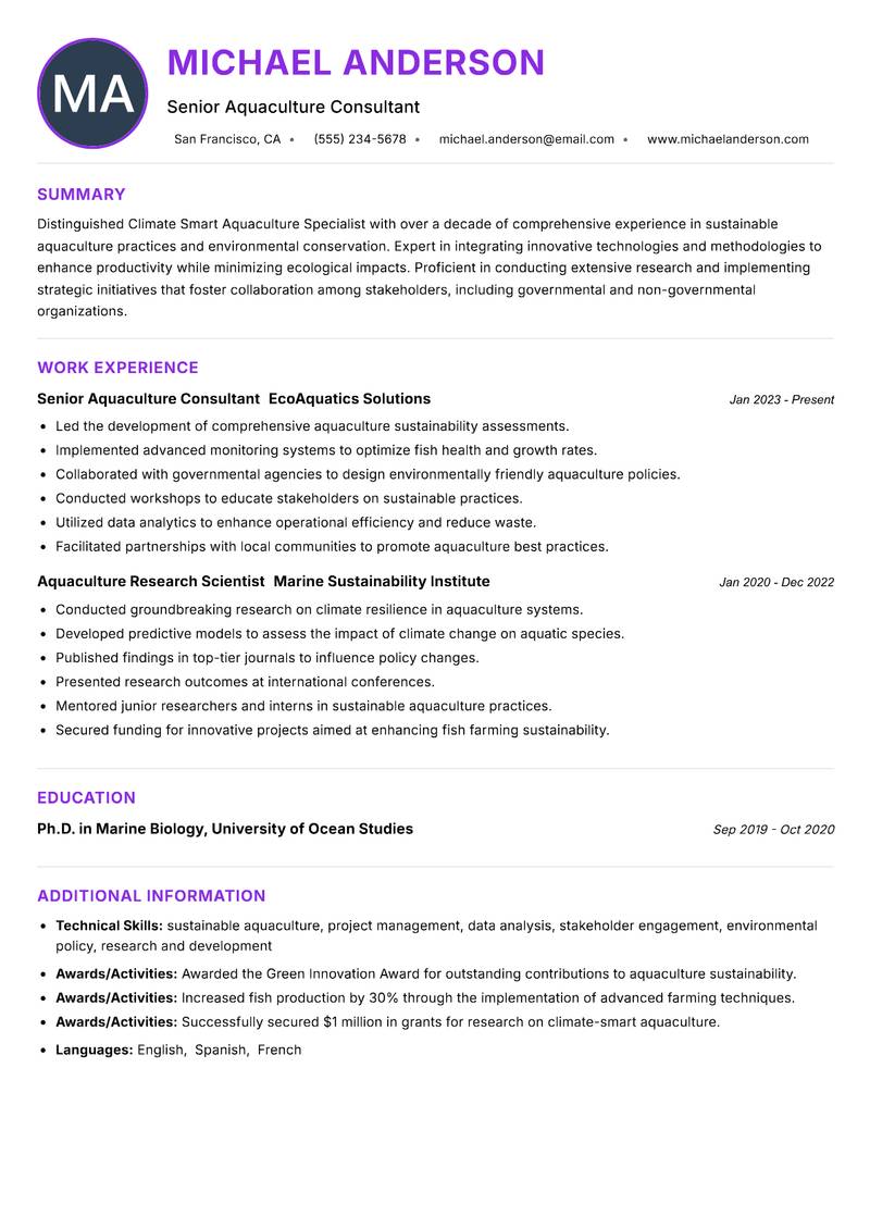 Climate Smart Aquaculture Specialist Resume Preview Example