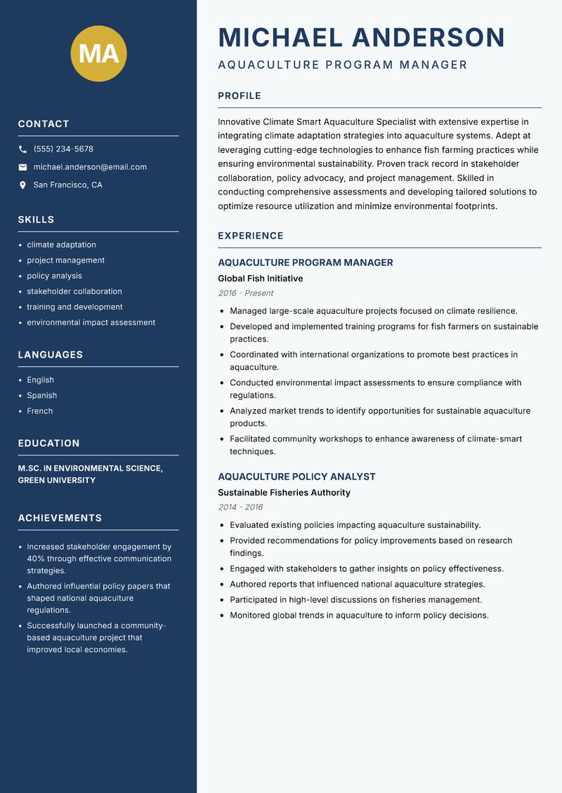 Climate Smart Aquaculture Specialist Resume Preview Example