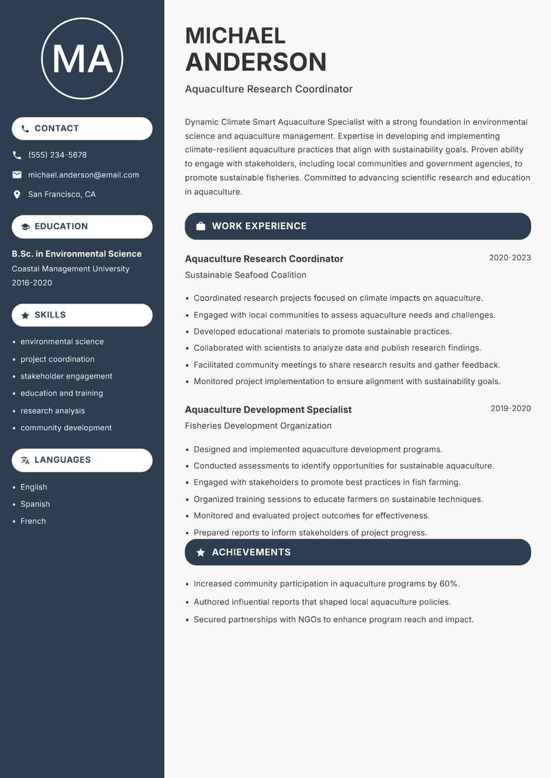 Climate Smart Aquaculture Specialist Resume Preview Example