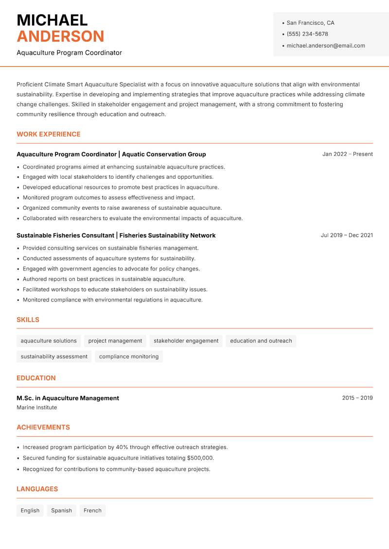 Climate Smart Aquaculture Specialist Resume Template