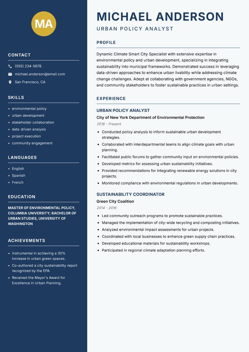 Climate Smart City Specialist Resume Preview Example