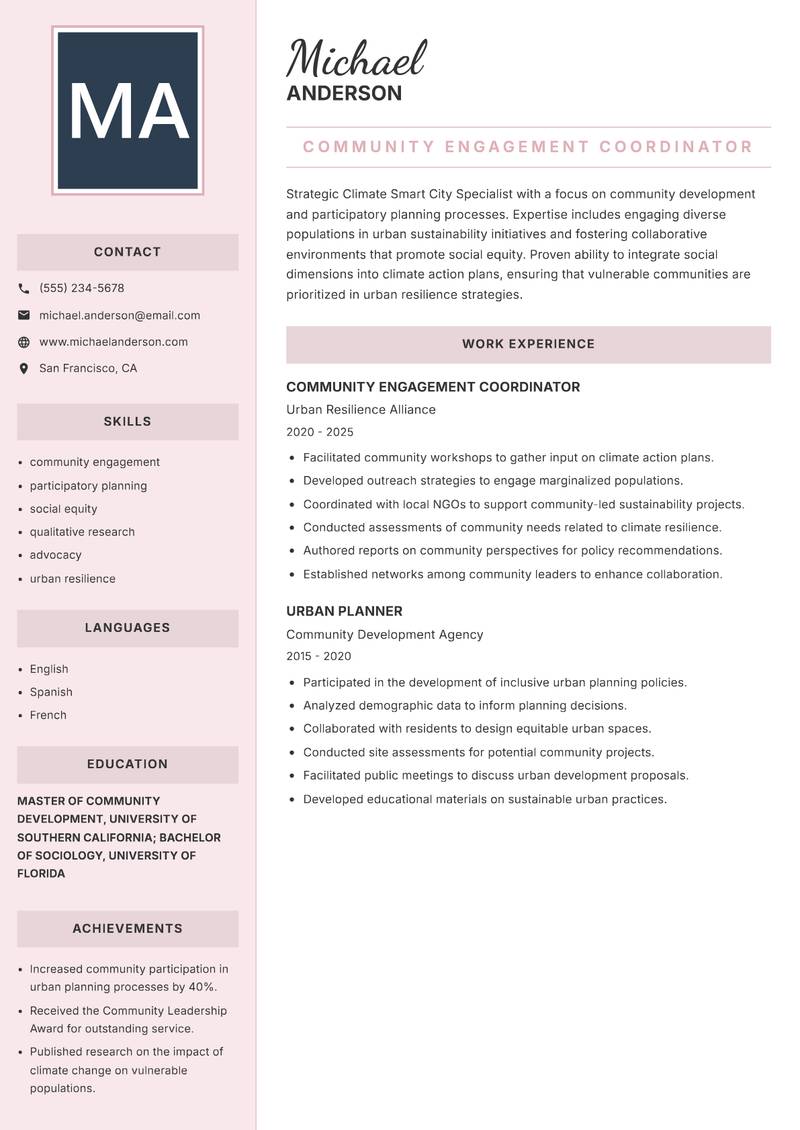 Climate Smart City Specialist Resume Preview Example