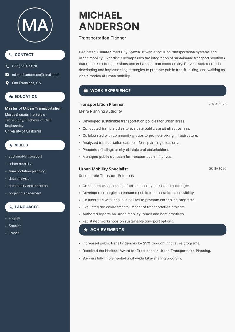 Climate Smart City Specialist Resume Preview Example
