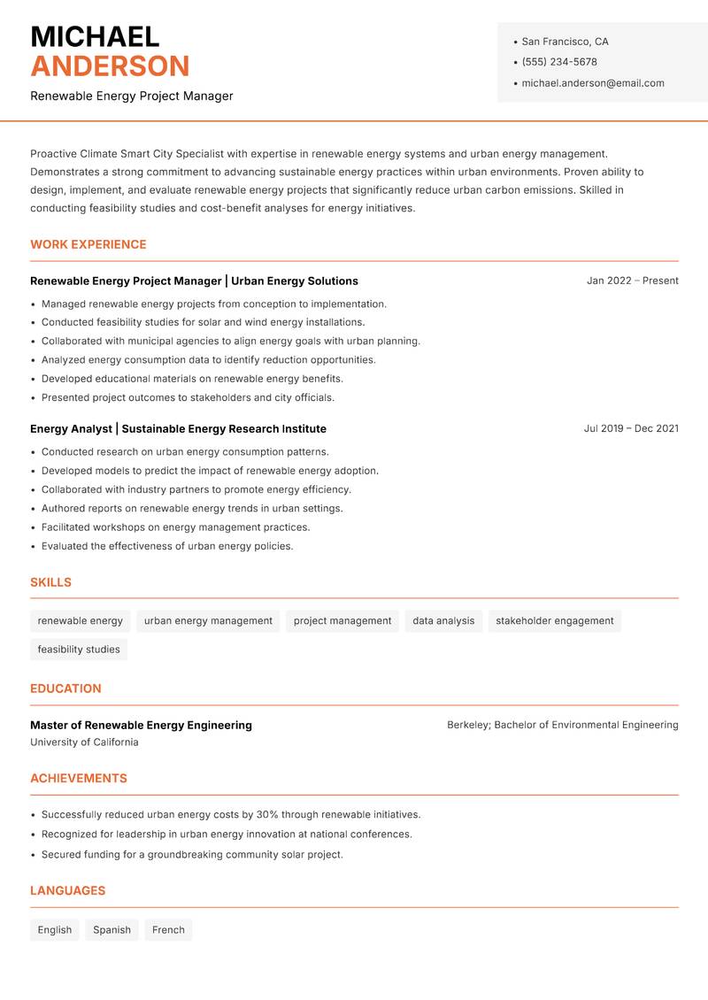 Climate Smart City Specialist Resume Template