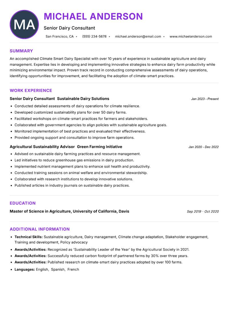 Climate Smart Dairy Specialist Resume Preview Example