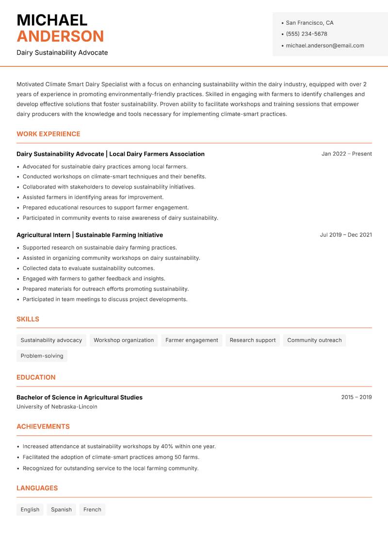 Climate Smart Dairy Specialist Resume Template