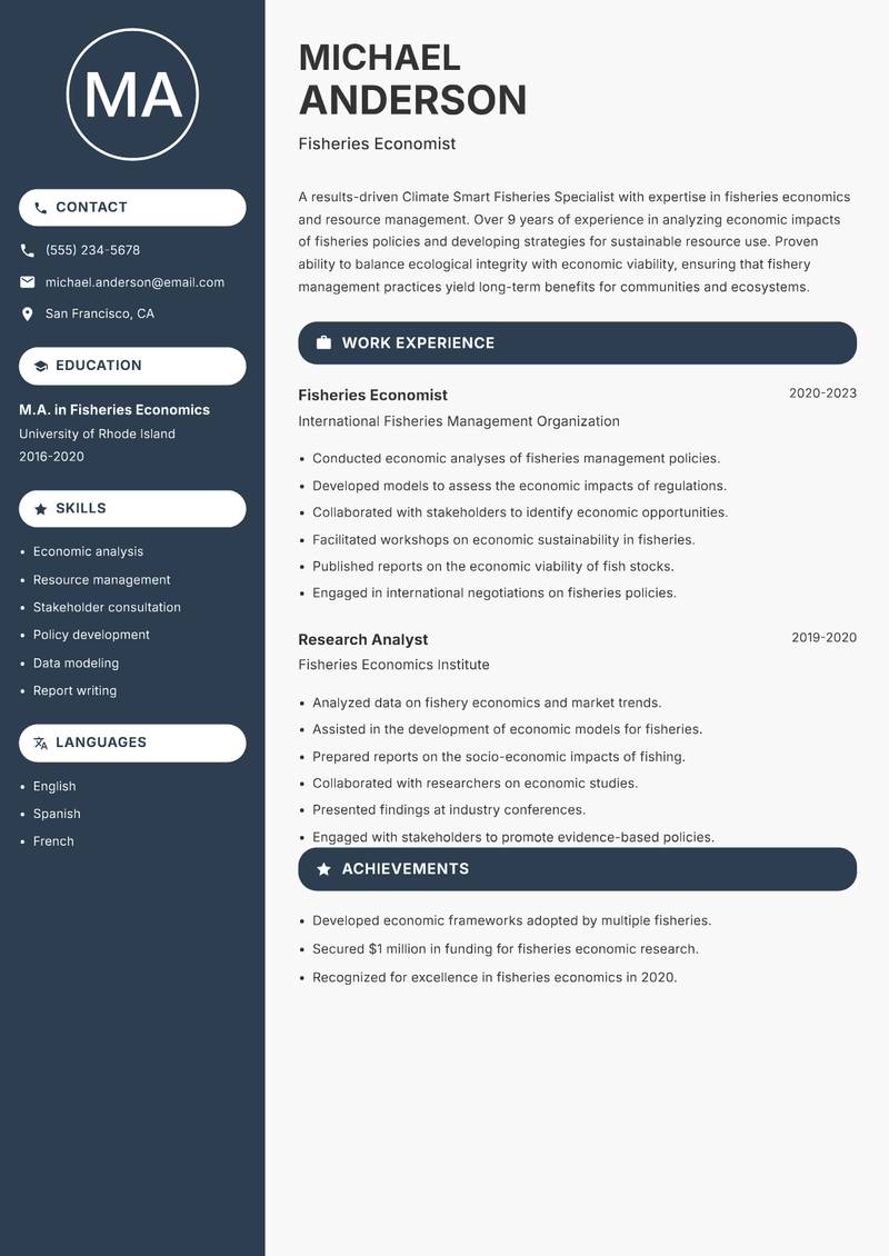 Climate Smart Fisheries Specialist Resume Preview Example