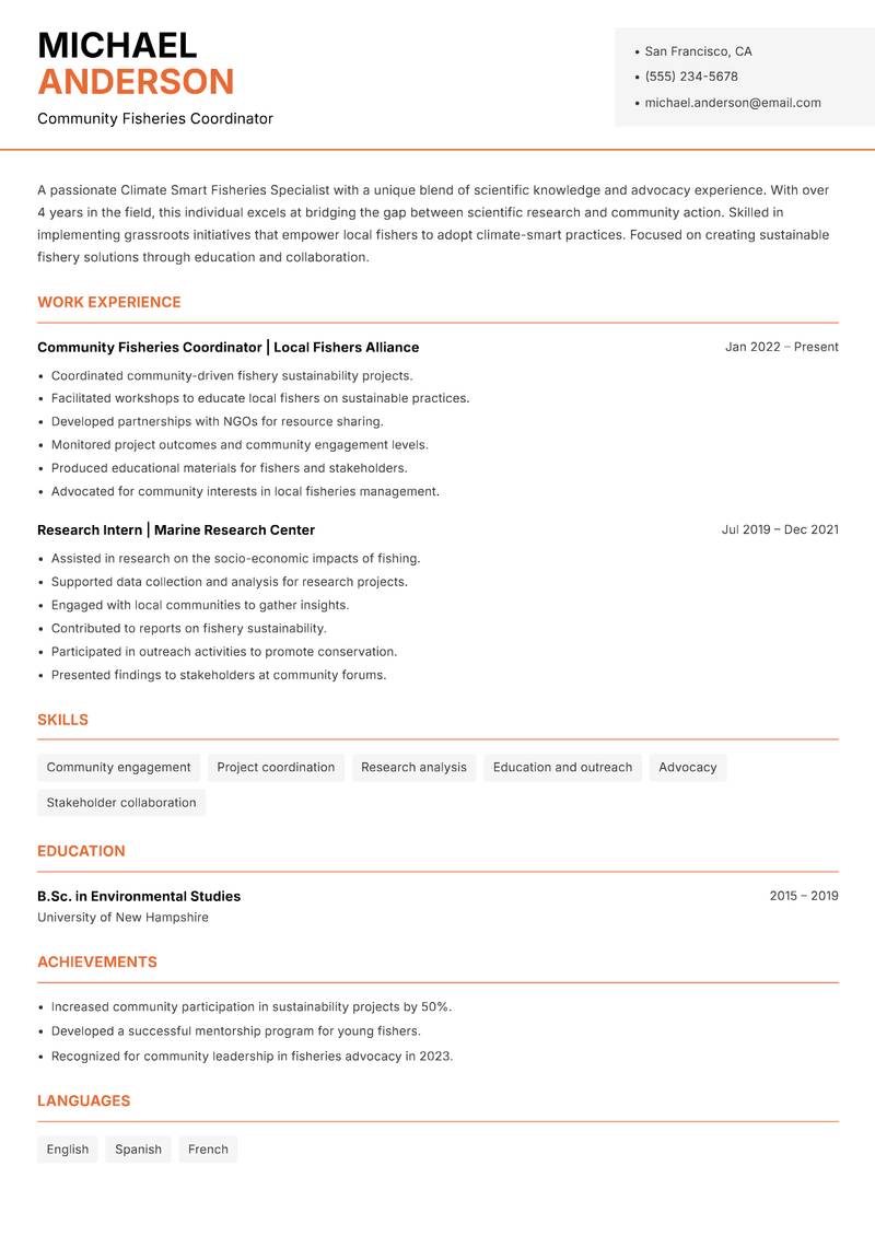 Climate Smart Fisheries Specialist Resume Template