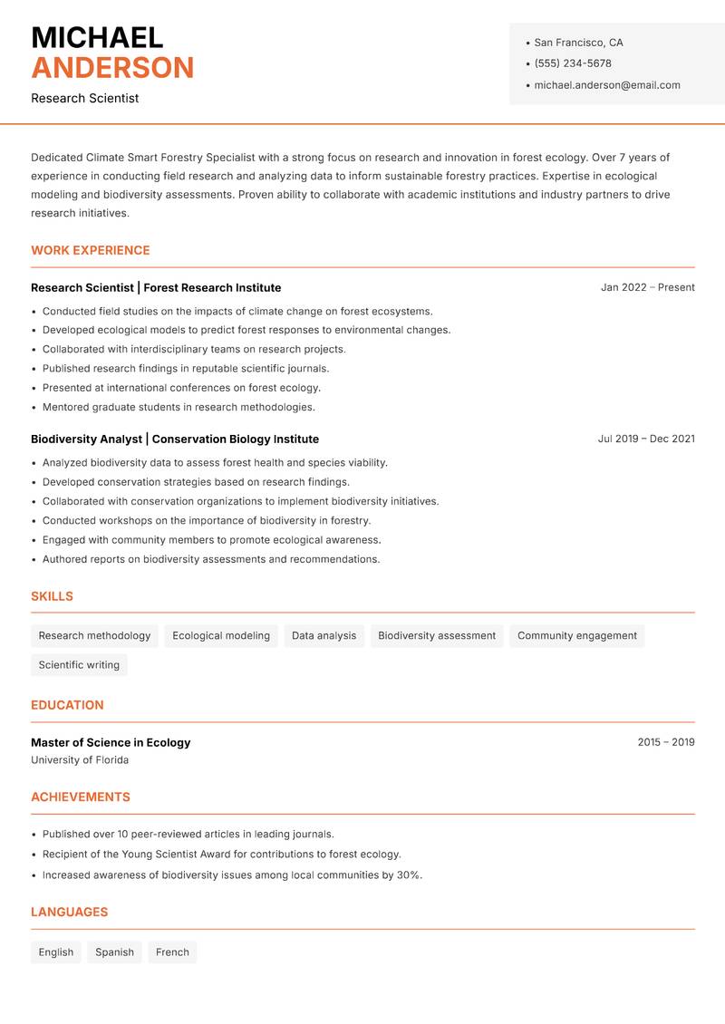 Climate Smart Forestry Specialist Resume Template