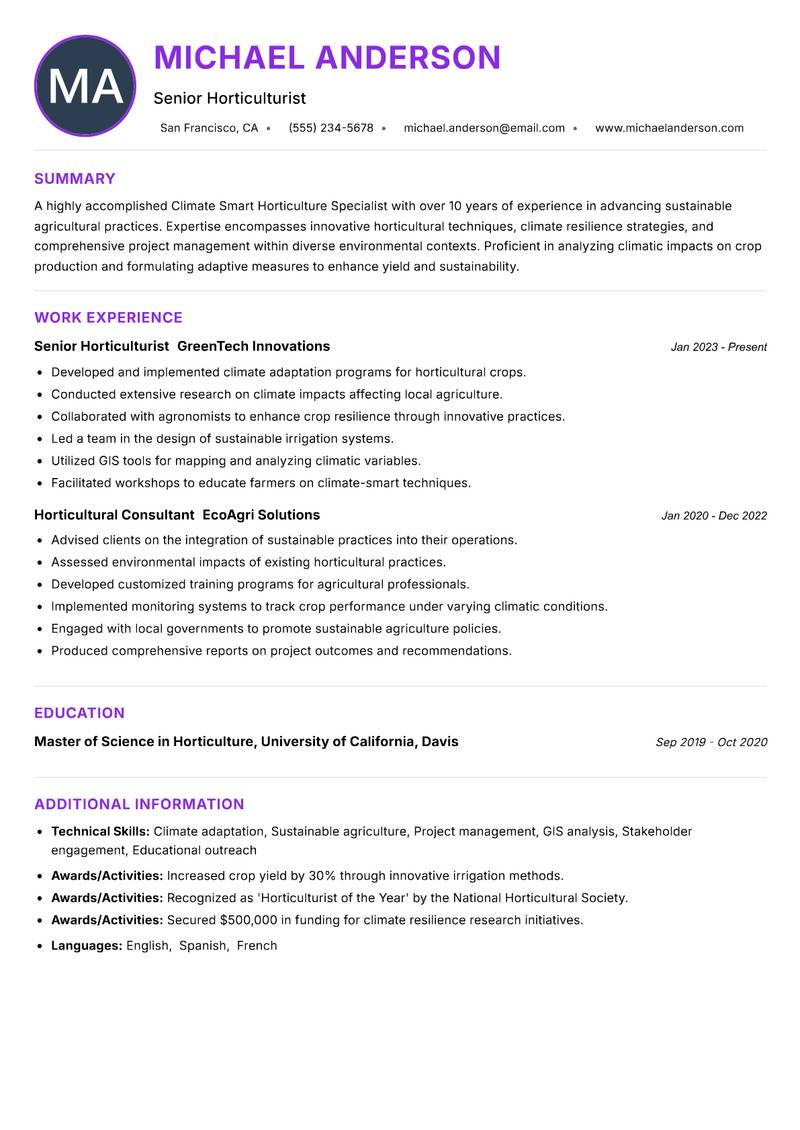 Climate Smart Horticulture Specialist Resume Preview Example