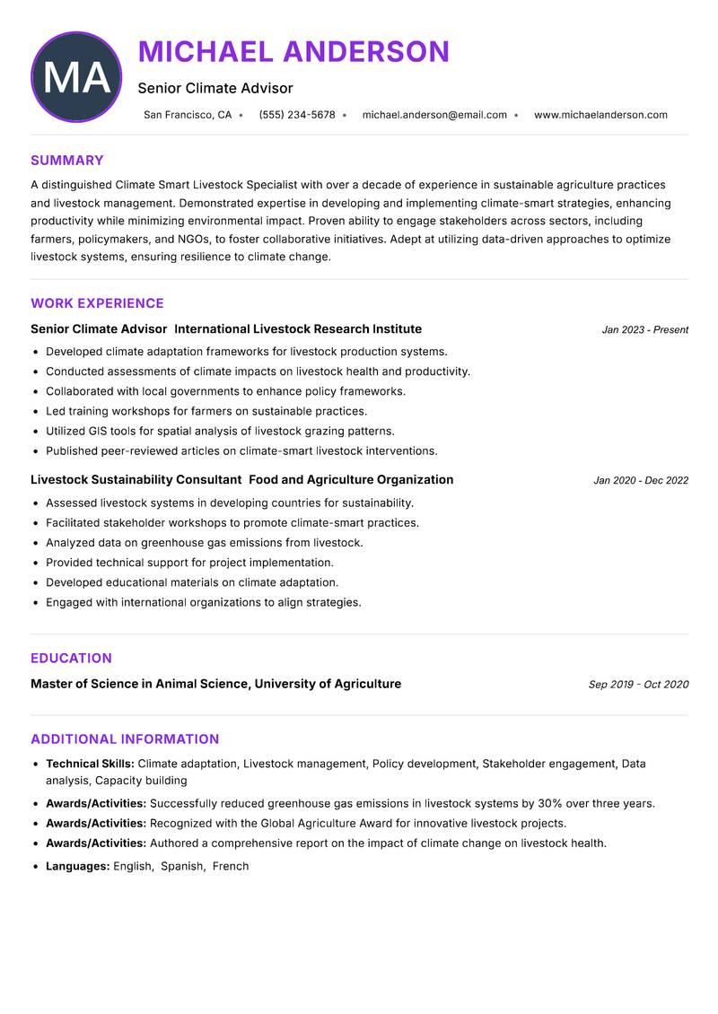 Climate Smart Livestock Specialist Resume Preview Example