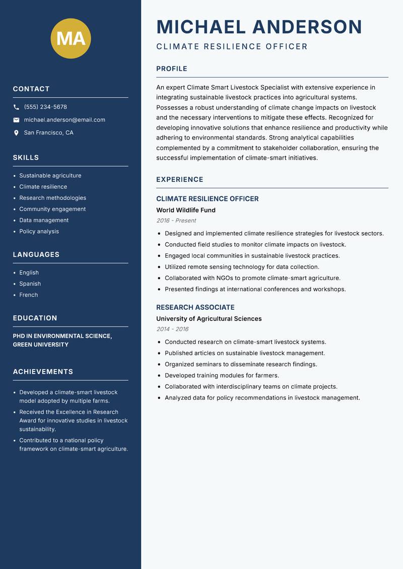 Climate Smart Livestock Specialist Resume Preview Example