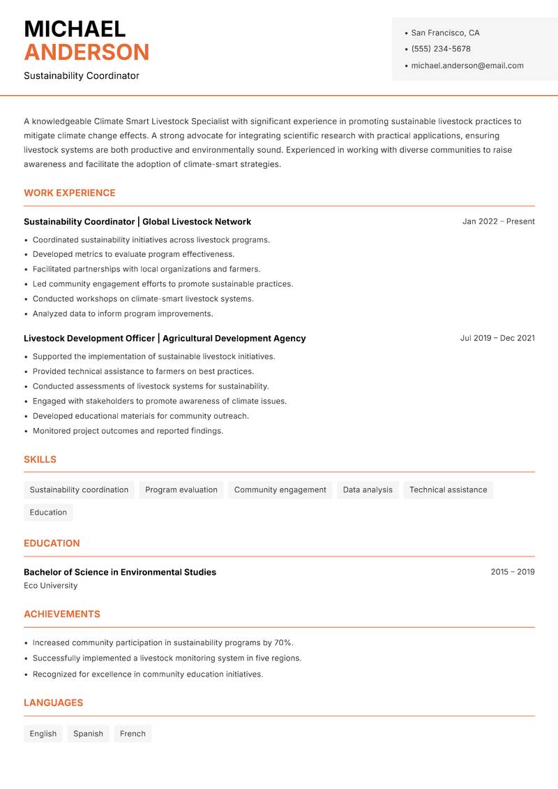 Climate Smart Livestock Specialist Resume Template