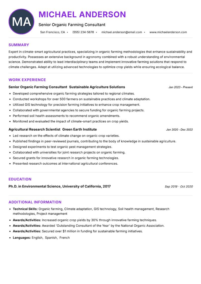 Climate Smart Organic Farming Specialist Resume Preview Example