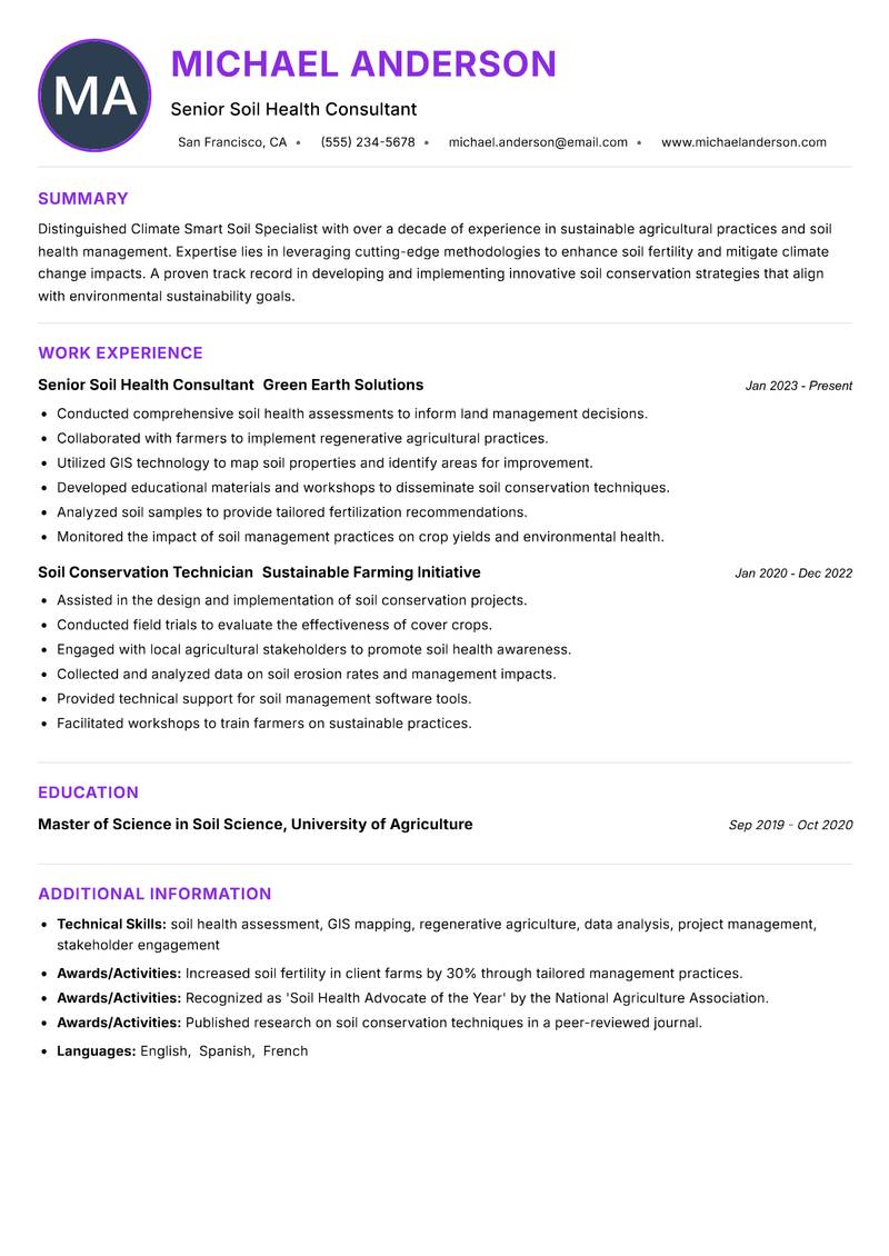 Climate Smart Soil Specialist Resume Preview Example