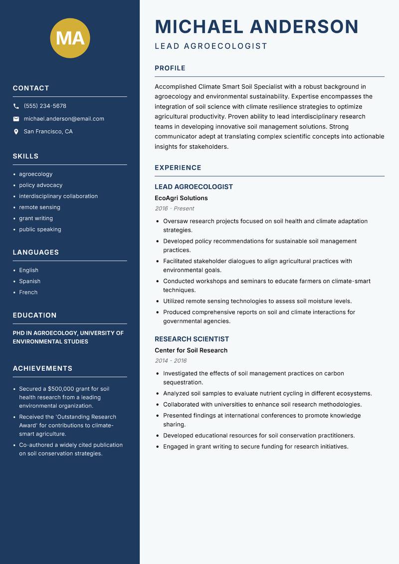 Climate Smart Soil Specialist Resume Preview Example