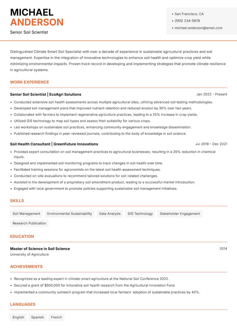 Climate Smart Soil Specialist Resume Template