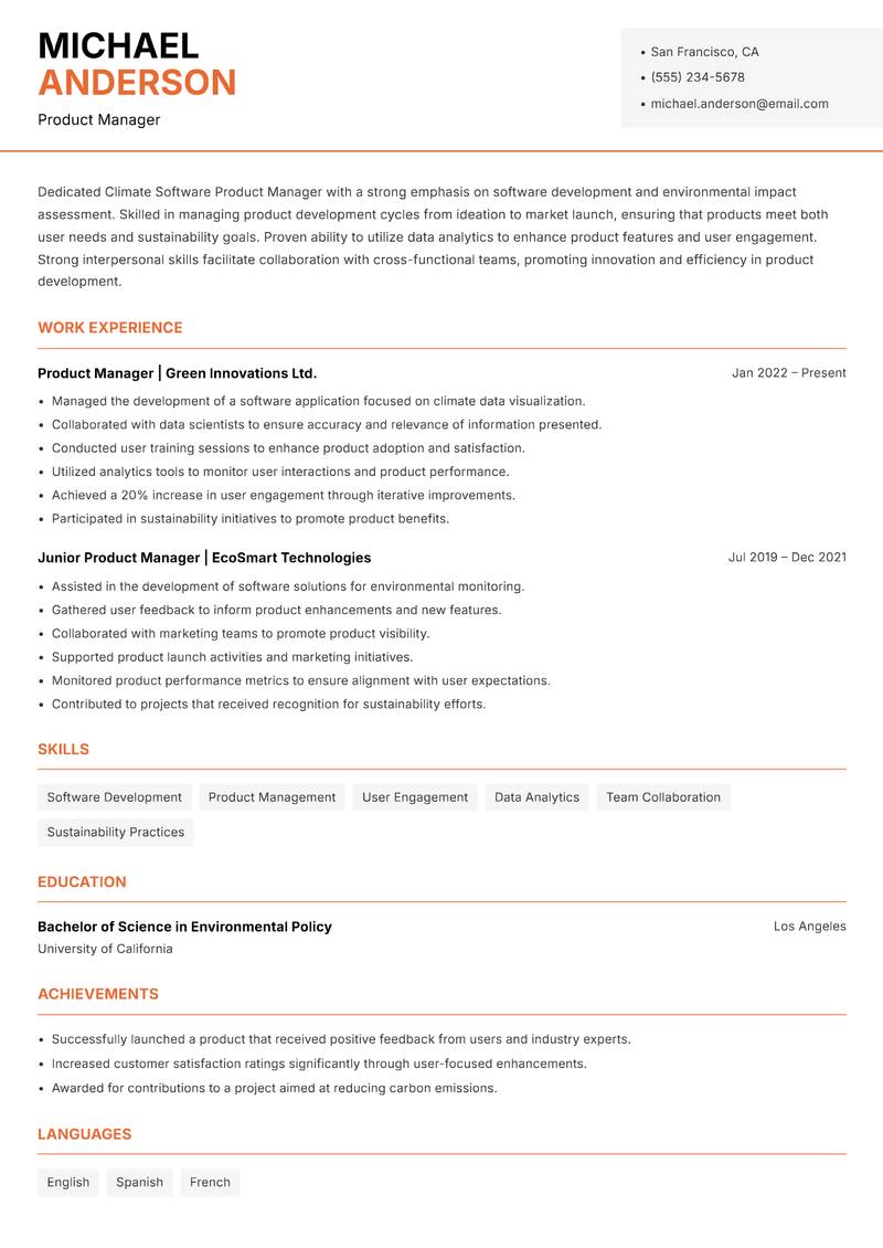 Climate Software Product Manager Resume Template