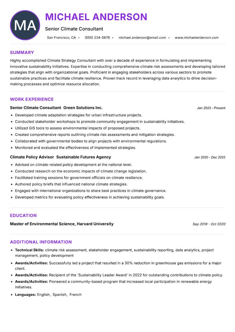 Climate Strategy Consultant Resume Preview Example
