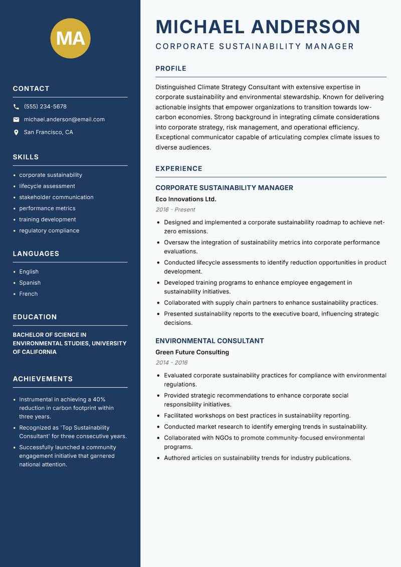 Climate Strategy Consultant Resume Preview Example