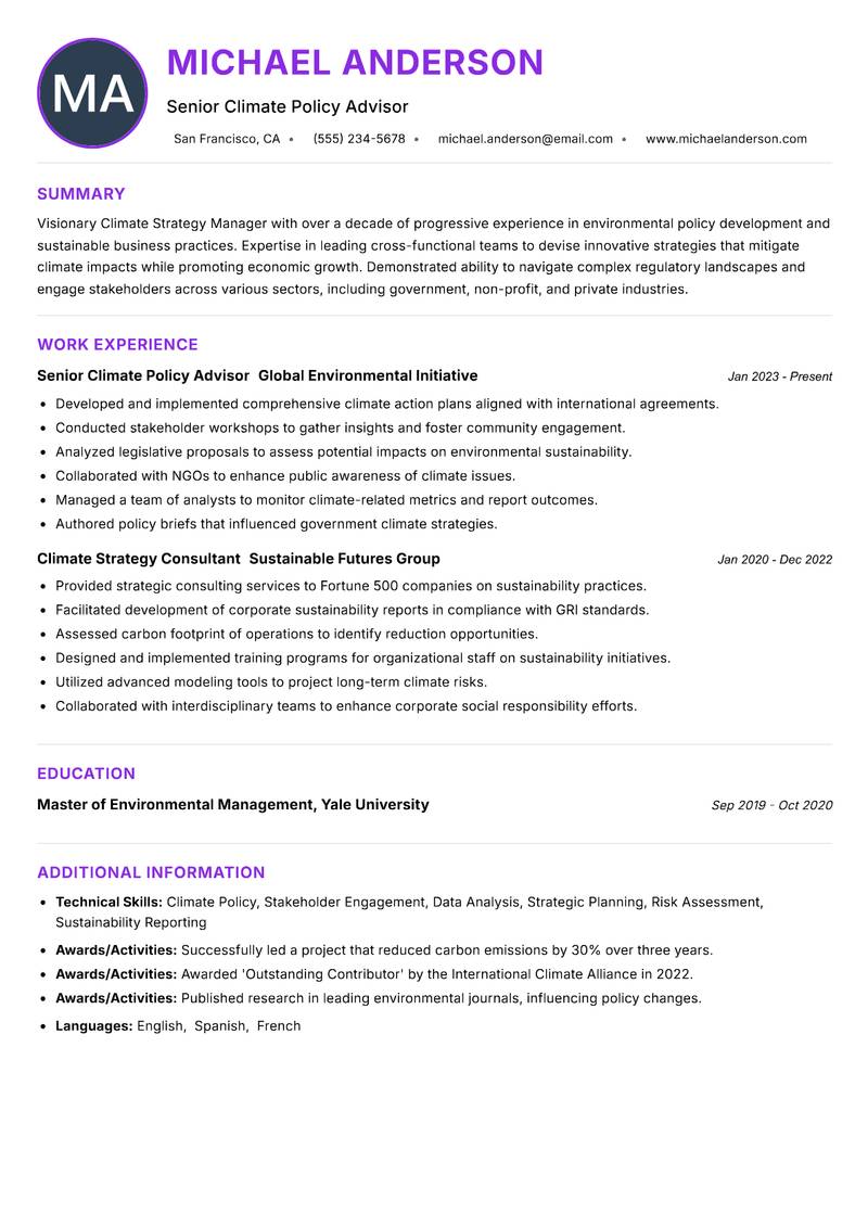 Climate Strategy Manager Resume Preview Example