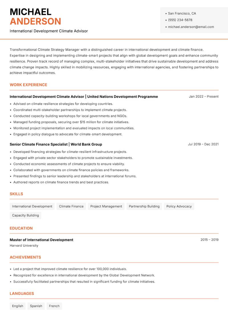 Climate Strategy Manager Resume Template