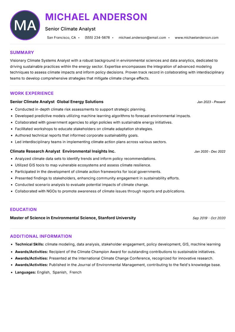 Climate Systems Analyst Resume Preview Example