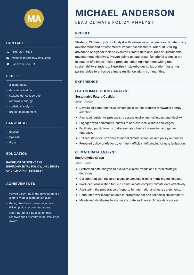 Climate Systems Analyst Resume Preview Example