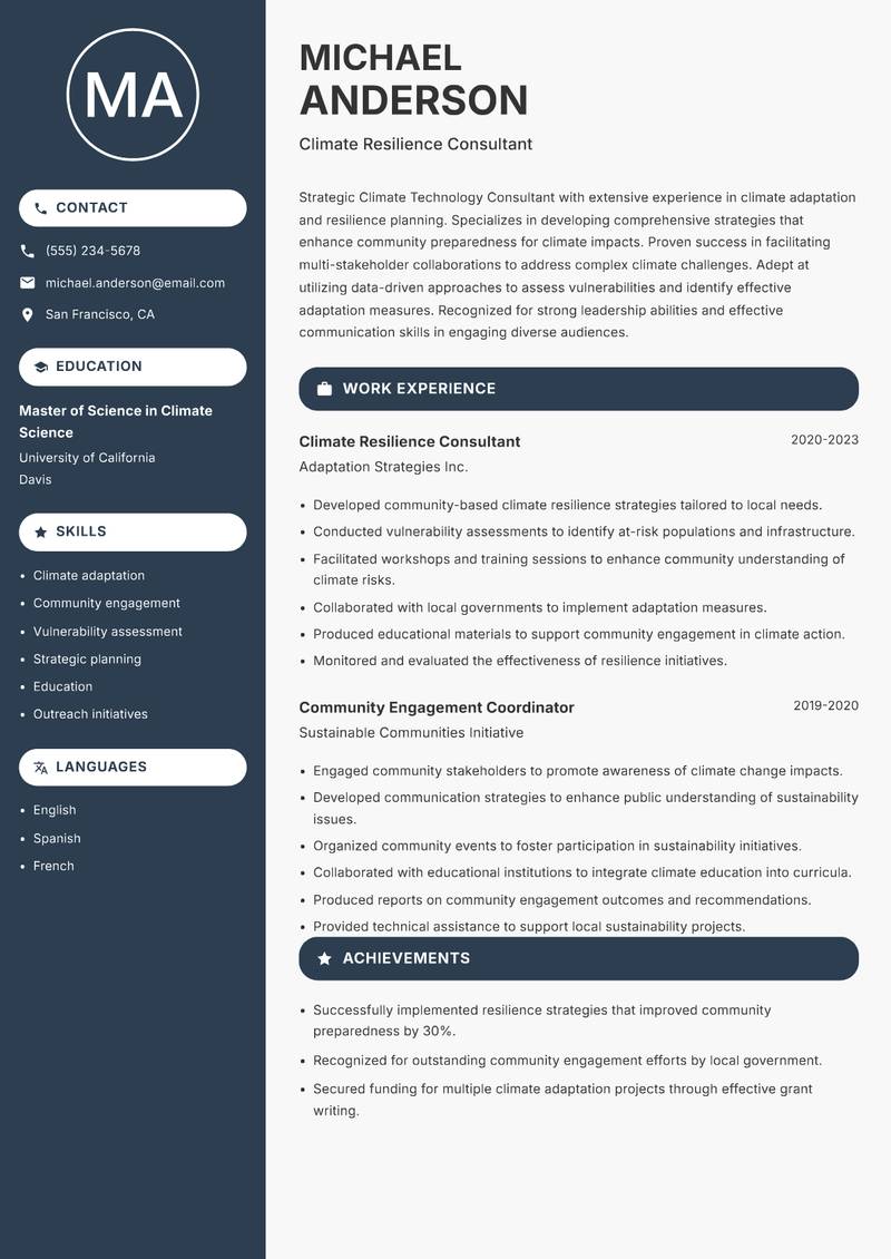 Climate Technology Consultant Resume Preview Example