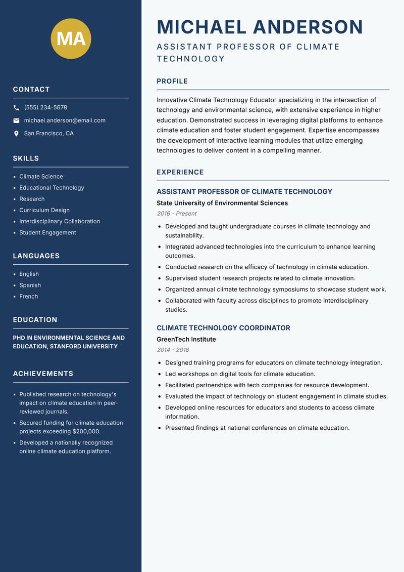 Climate Technology Educator Resume Preview Example