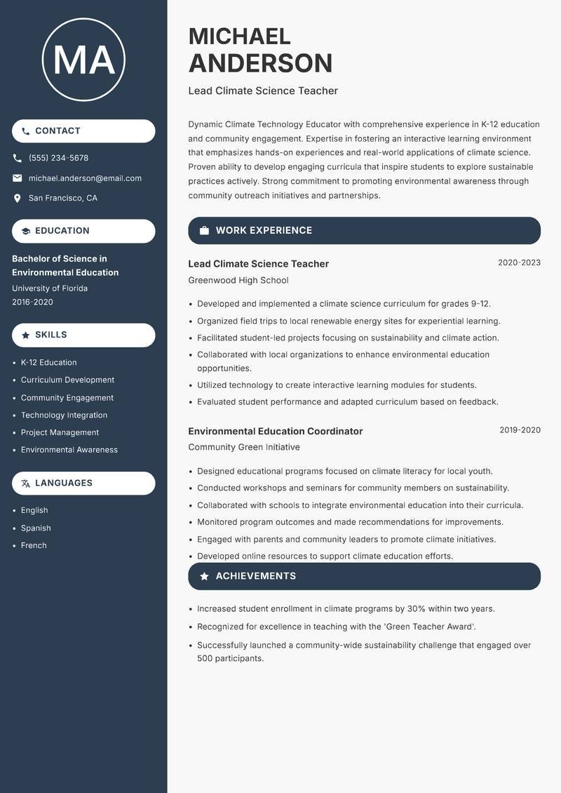 Climate Technology Educator Resume Preview Example