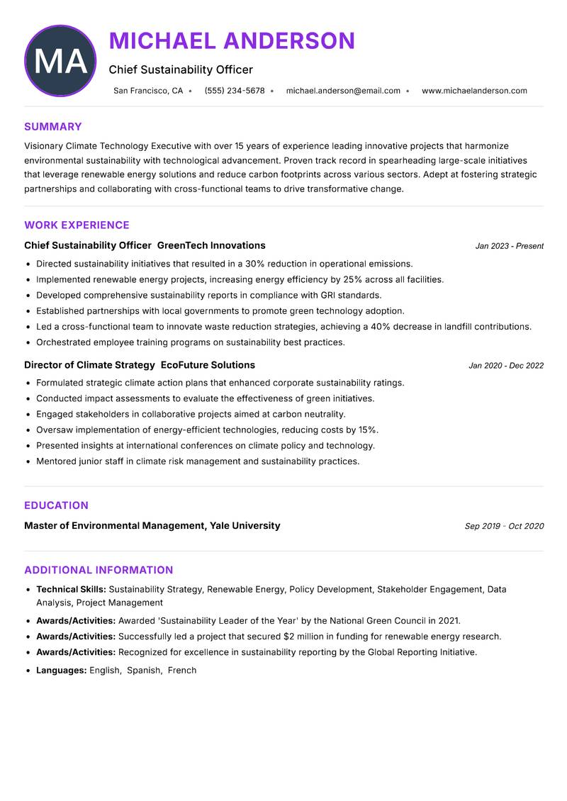 Climate Technology Executive Resume Preview Example