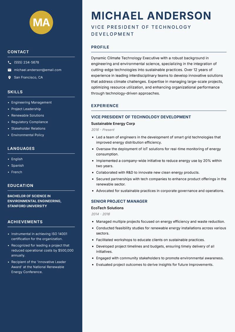 Climate Technology Executive Resume Preview Example