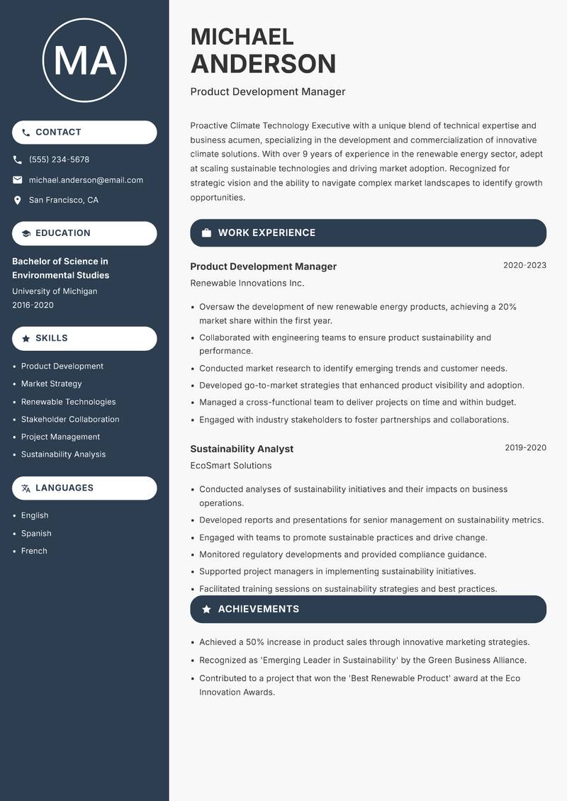 Climate Technology Executive Resume Preview Example