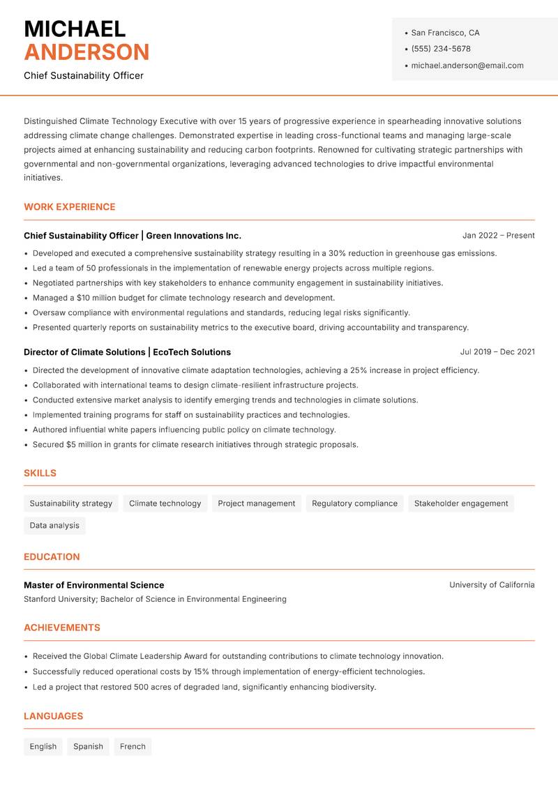 Climate Technology Executive Resume Template