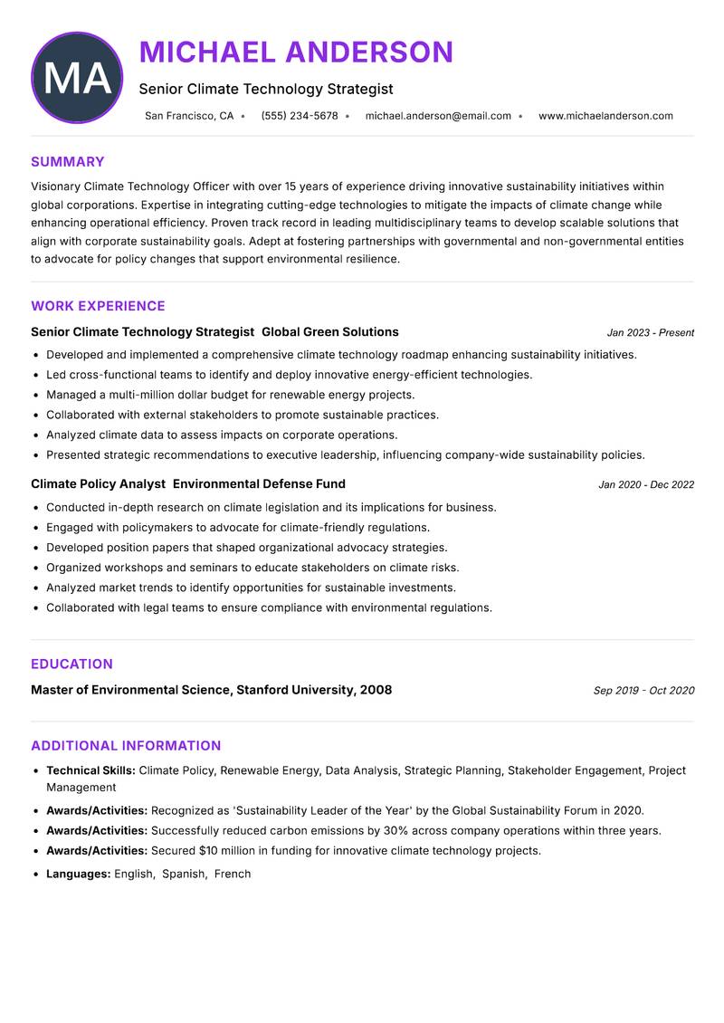Climate Technology Officer Resume Preview Example