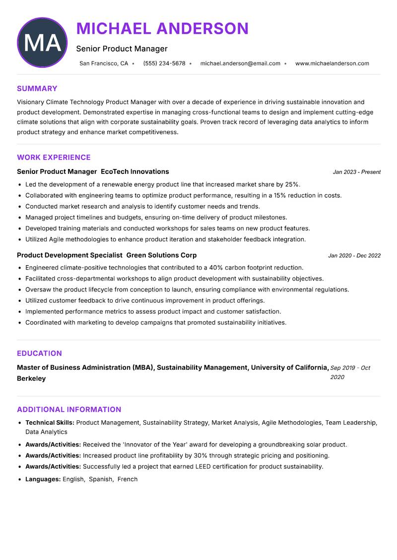 Climate Technology Product Manager Resume Preview Example